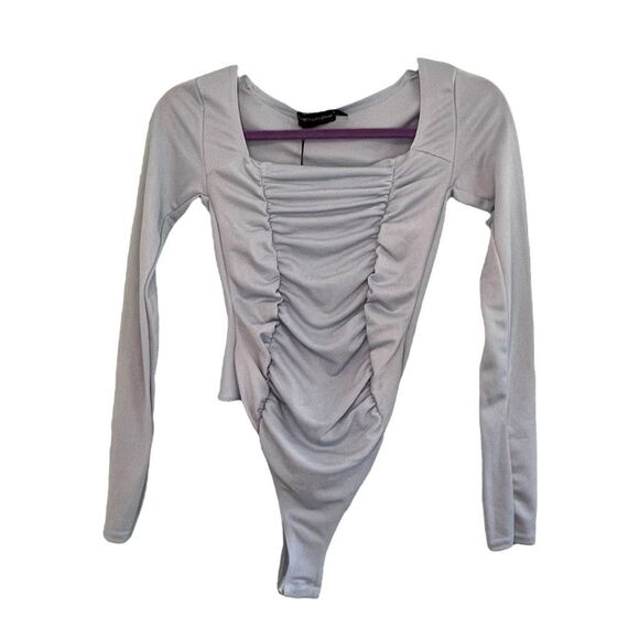 PrettyLitteThings Ruched Bodysuit Dusty Blue Long Sleeve Square Neckline 4 - Picture 3 of 9